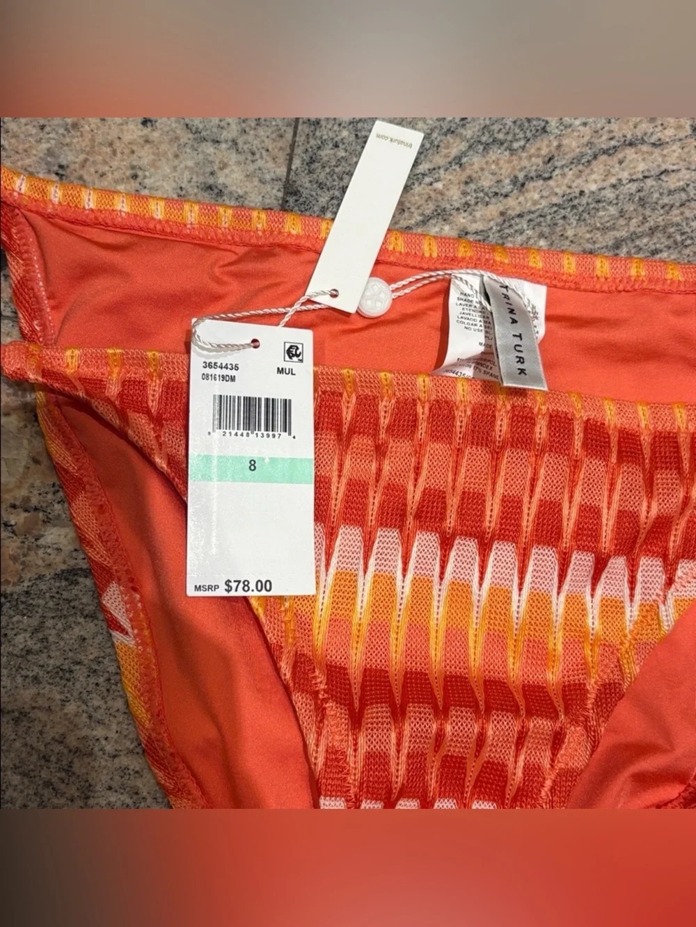 Trina Turk NWT Orange Crochet Bikini Set Size 8 Halter Top Tie Side Bottom